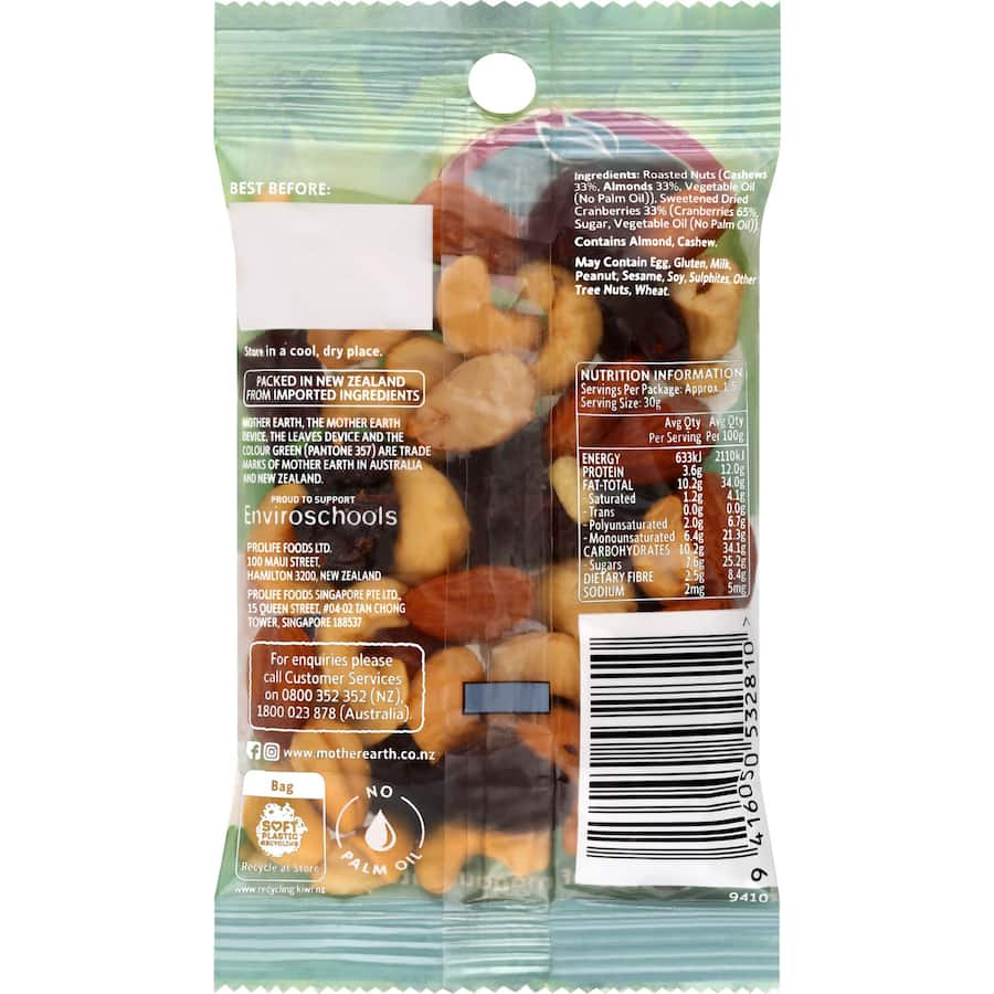 Nutritious blend of roasted cashews, almonds, and tart cranberries in a convenient palm-sized pack for on-the-go snacking.