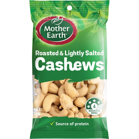 Lightly salted batch roasted cashews in a palm-sized pack, perfect for a tasty and nutritious on-the-go snack.