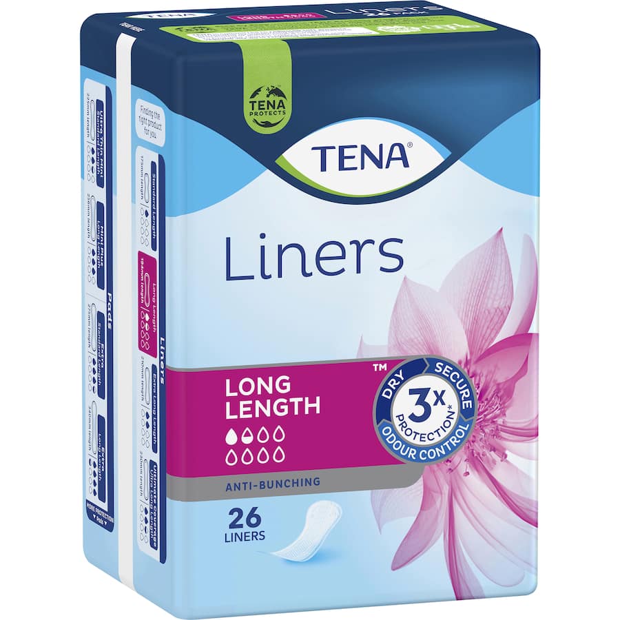 TENA Panty Liners Long: High absorbency liners providing secure, breathable protection against light incontinence and odours.