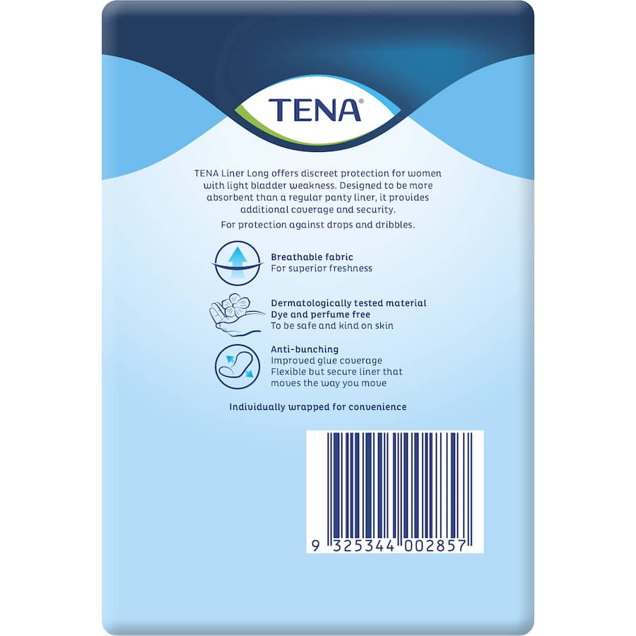 TENA Panty Liners Long offer high absorbency and a comfortable fit for secure protection against light incontinence.