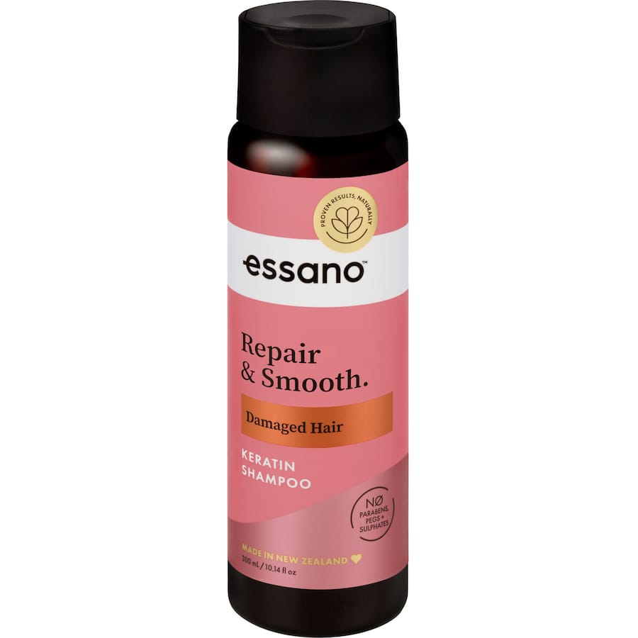 Essano Shampoo Keratin Complex bottle, enriched with keratin, shea butter, and vitamin B5 for healthier, glossy hair.