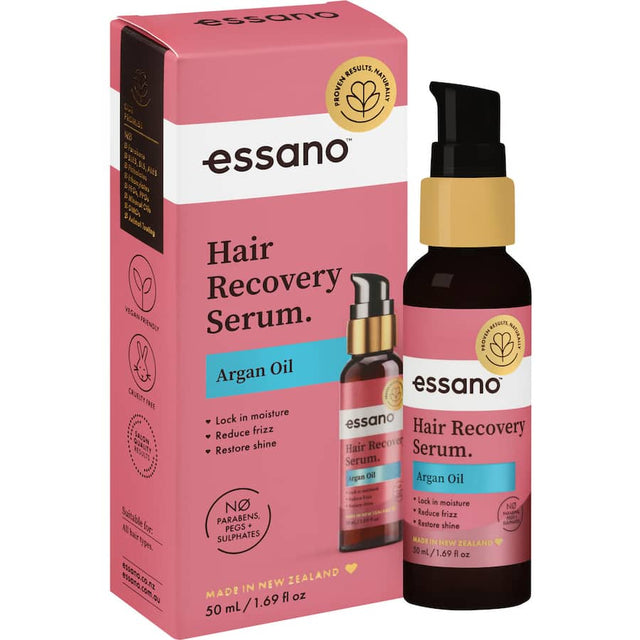 Essano Hair Treatment Argan Oil Recovery Serum revitalizes dry hair with nourishing oils for soft, shiny, and healthy locks.