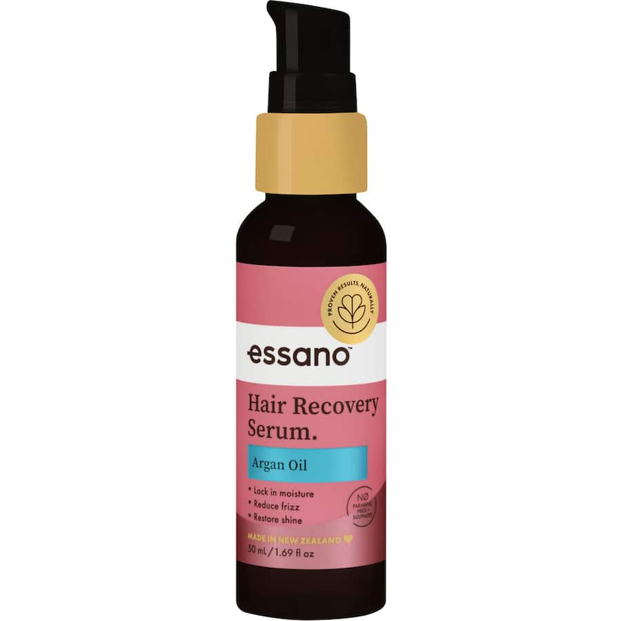 Essano Hair Treatment Argan Oil Recovery Serum in a bottle, enriched with Moroccan argan oil for revitalizing dry, damaged hair.