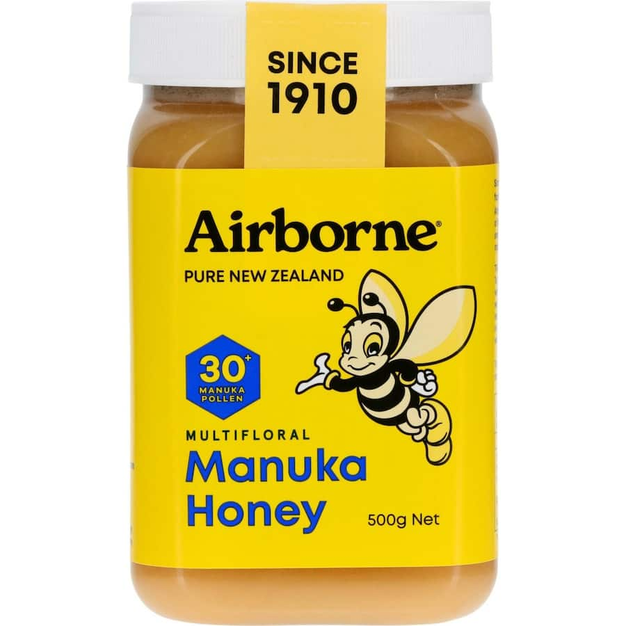 Airborne Manuka Honey Multiflora Plus 25 jar showcasing the health benefits of natural honey.