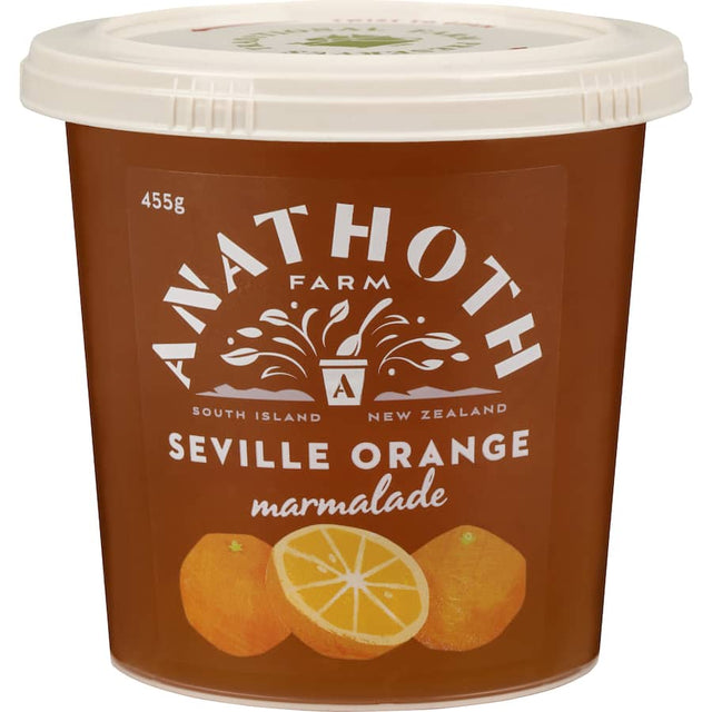 Jar of Anathoth Farm Seville Orange Marmalade, showcasing vibrant color and zesty flavor, ideal for toast and pastries.