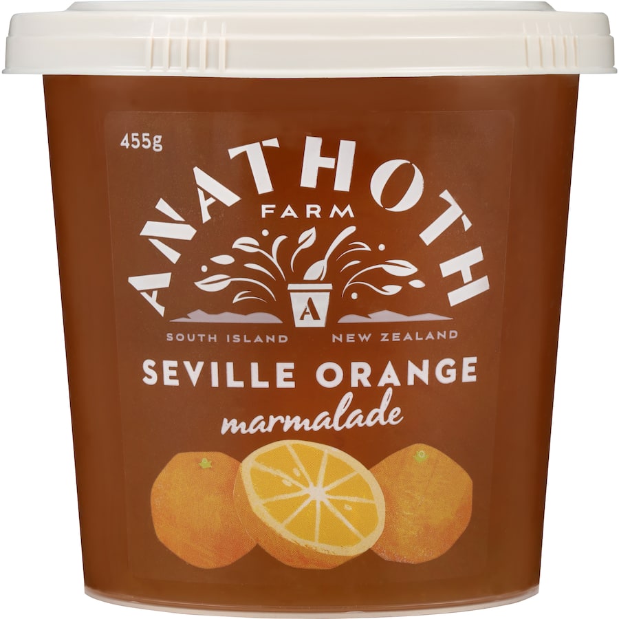 Jar of Anathoth Farm Seville Orange Marmalade, showcasing its vibrant color and rich citrus flavor, perfect for breakfast.