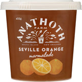 Jar of Anathoth Farm Seville Orange Marmalade, showcasing its vibrant color and rich citrus flavor, perfect for breakfast.