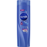 Sunsilk Shampoo Detox For Men bottle, designed for vibrant, shiny hair; paraben-free, with 25% recycled plastic.