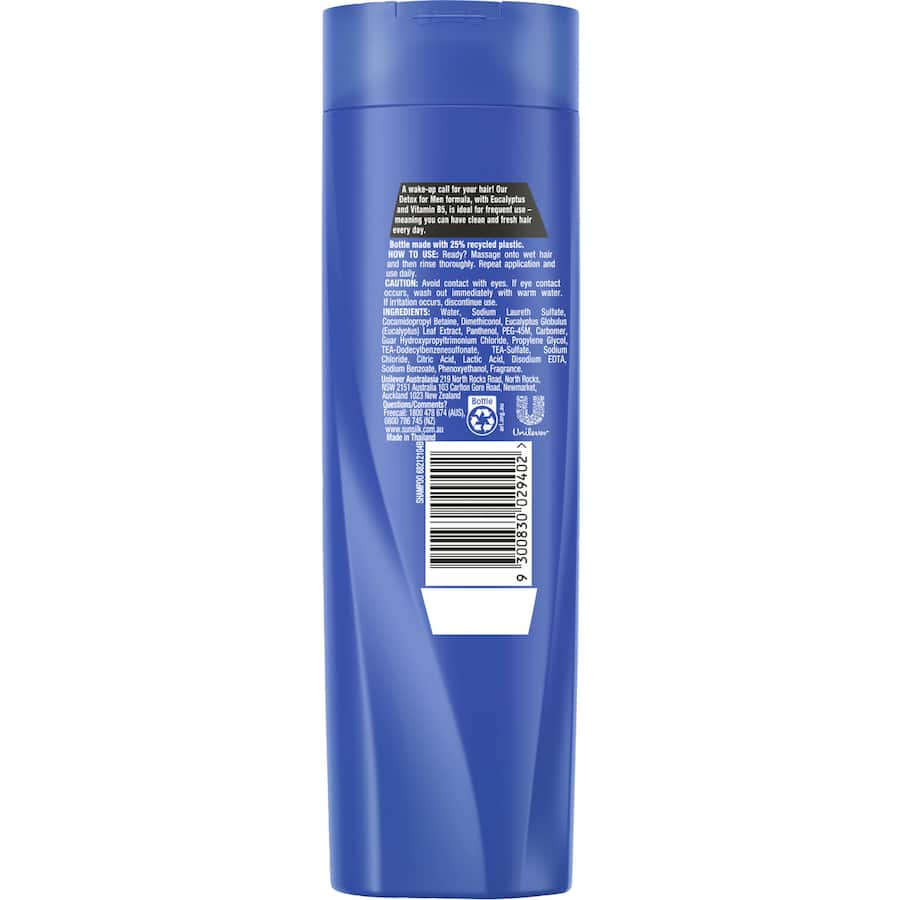 Sunsilk Shampoo Detox for Men: Purifying formula for shiny, vibrant hair; eco-friendly bottle, paraben and dye-free.