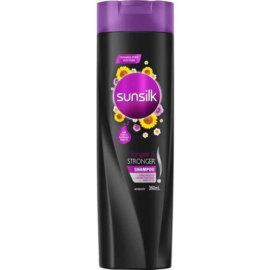 Sunsilk Shampoo Long & Strong bottle featuring a vibrant design, enriched with biotin and sunflower seed oil for healthy hair.