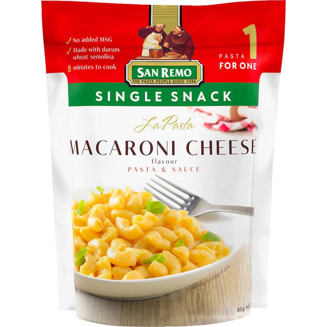 San Remo La Pasta Macaroni Cheese, a quick and creamy comfort food made from durum wheat, ready in just 8 minutes.