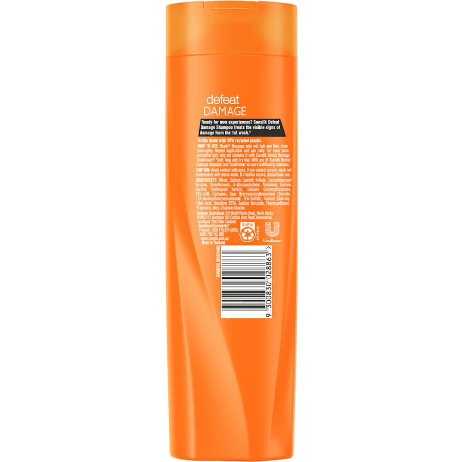 Sunsilk Shampoo Defeat Damage: rejuvenates dull hair with keratin and calcium, paraben-free, eco-friendly packaging.