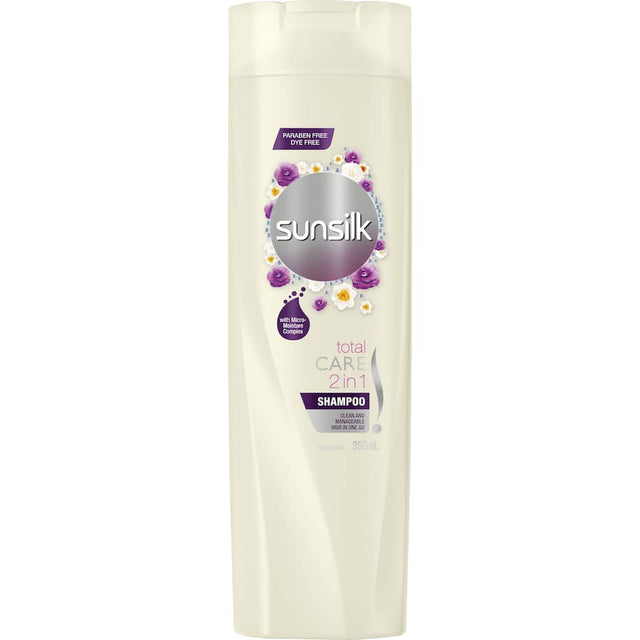 Sunsilk Total Care 2-in-1 Shampoo & Conditioner for shiny, manageable hair, now in a bottle made from 25% recycled plastic.