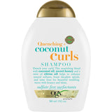 OGX Quenching & Coconut Curls Shampoo bottle showcasing coconut oil and honey for defined, hydrated, and bouncy curls.