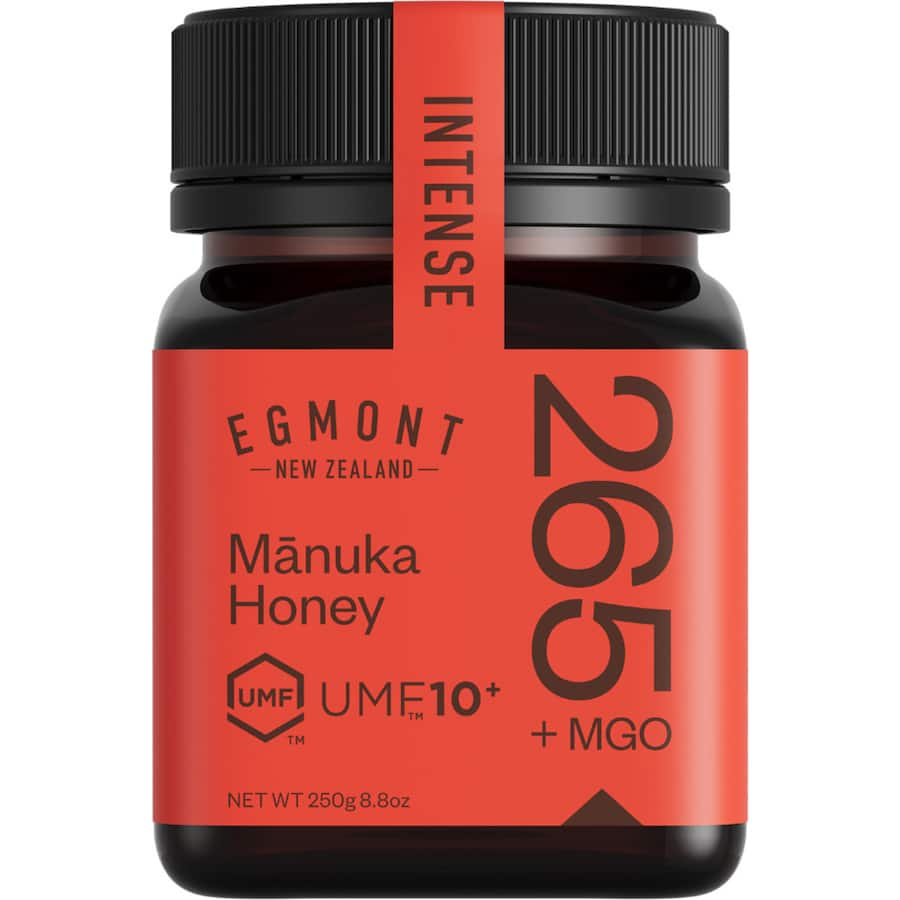 Golden Egmont Manuka Honey UMF10+ MGO 265, sourced from Mount Taranaki, rich in wellness properties and pure natural flavor.