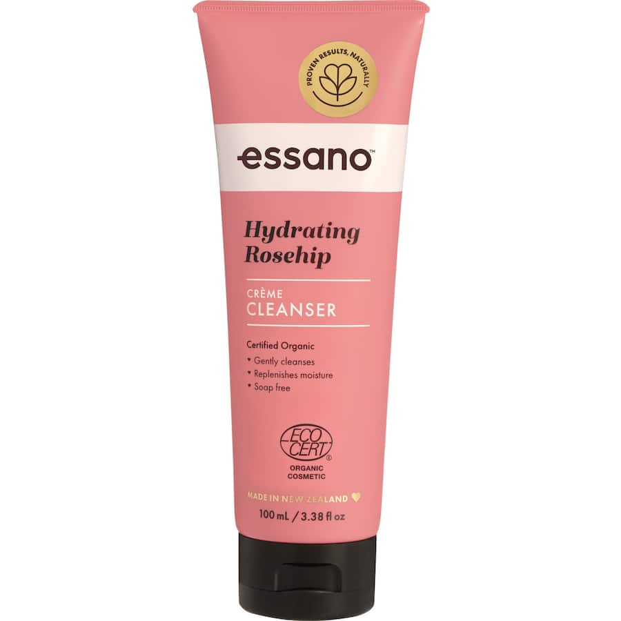 Essano Cream Cleanser with Rosehip Oil for gentle makeup removal, hydration, and radiant skin; perfect for all skin types.