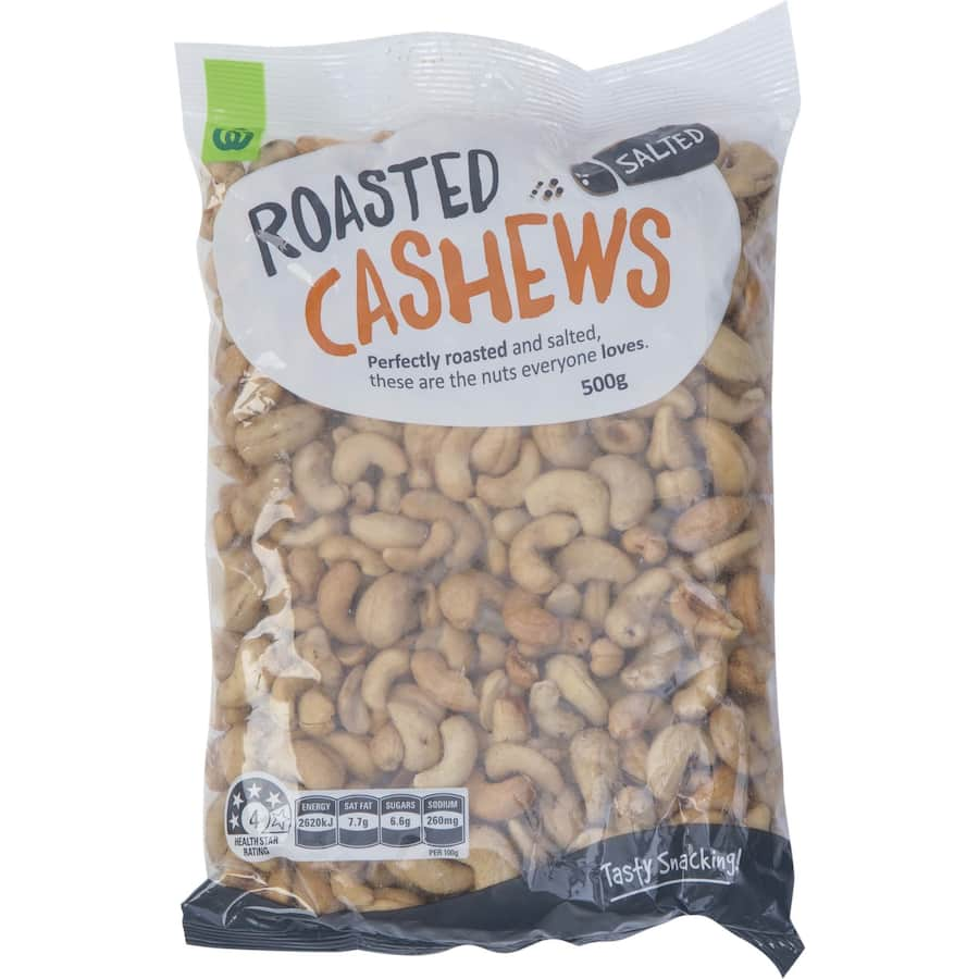 Woolworths roasted salted cashews, crunchy and flavorful, perfect for snacking or enhancing recipes.