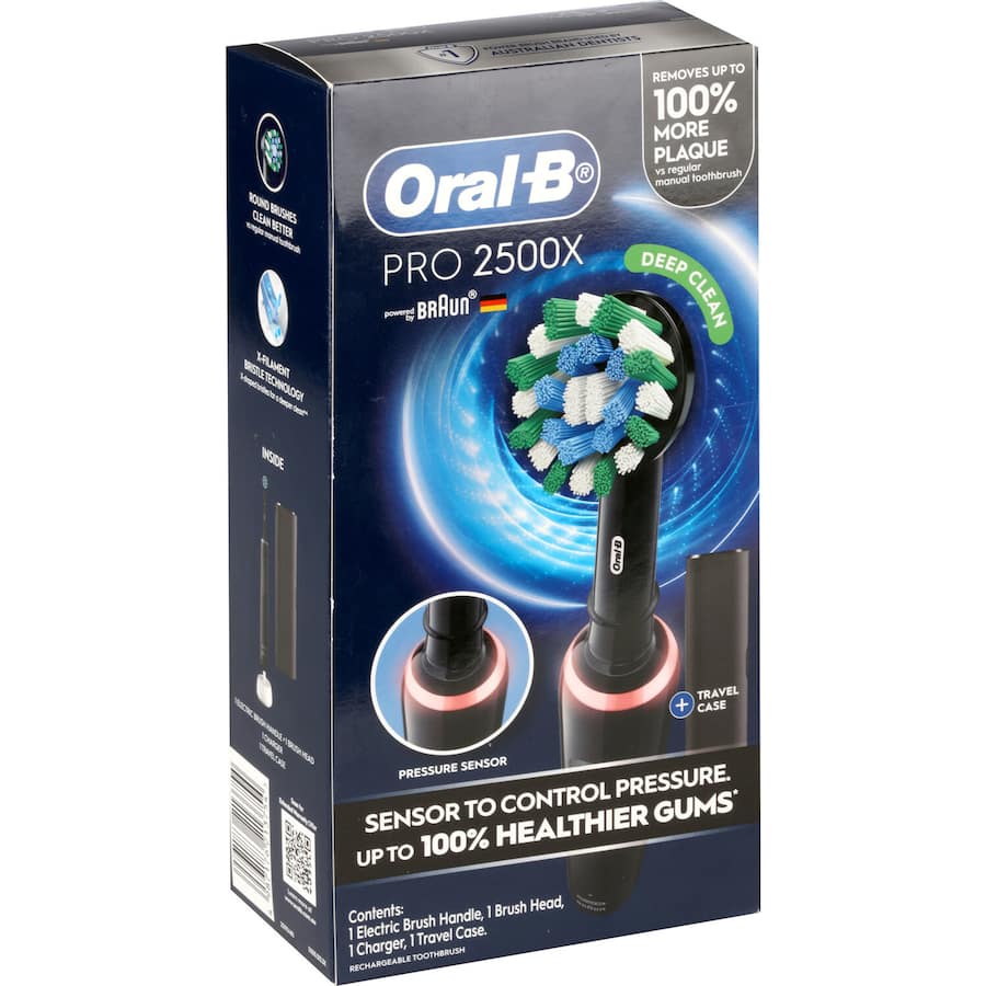 Oral B Pro 2500 Black electric toothbrush with 3D cleaning, pressure sensor, two modes, and sleek design for superior oral care.