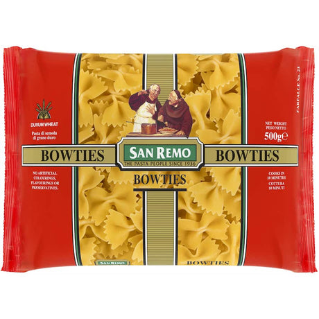 Elegant San Remo Pasta Bow Ties No. 23, made from 100% durum wheat, perfect for creamy sauces and quick cooking in 10 minutes.