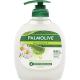 Creamy Palmolive Naturals hand wash with aloe vera and chamomile, gently cleansing and moisturizing skin without harsh additives.
