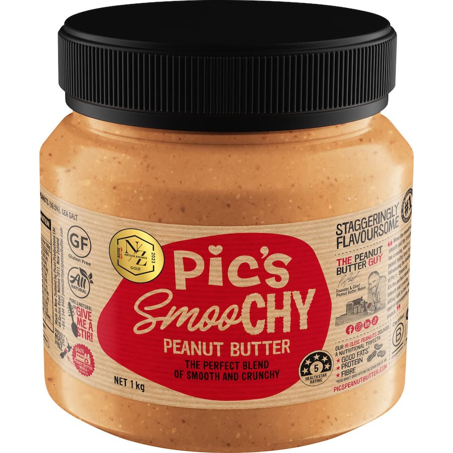 Creamy and crunchy, Pic's Peanut Butter Smoochy is a rich, all-natural spread perfect for toast, pancakes, or snacks.