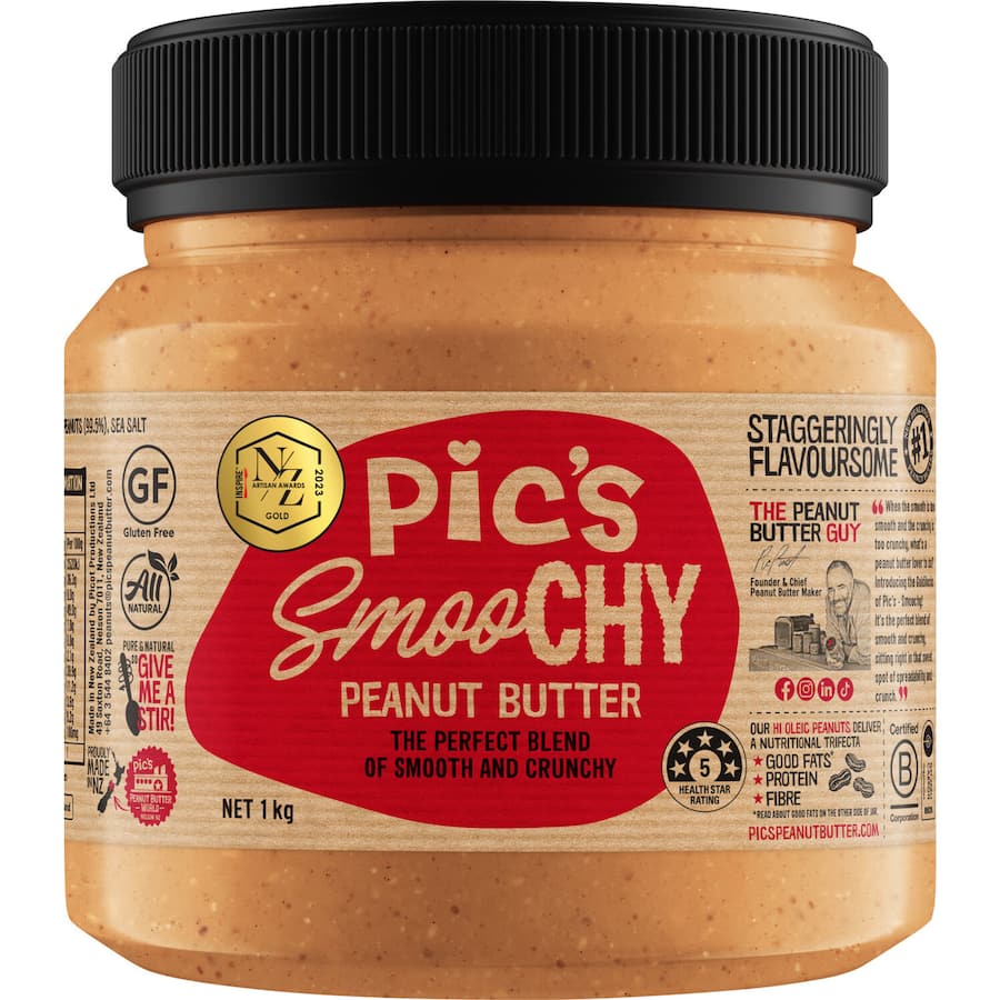 Creamy and crunchy Pic's Peanut Butter Smoochy, perfect for spreading on toast or pairing with fruit for a delightful snack.