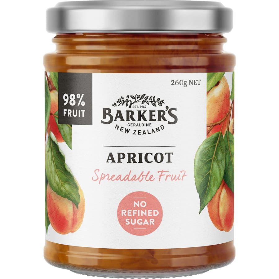 Barkers Spreadable Fruit Apricot: all-natural apricot spread for toast, scones, and pastries, bursting with delightful flavor.