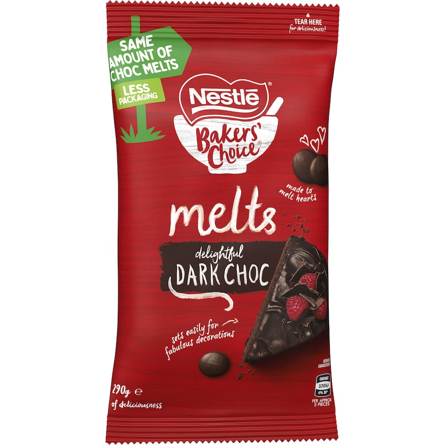 Nestle Bakers Choice Choc Melts Delightful Dark pack of round chocolate buttons, perfect for baking and decorating desserts.