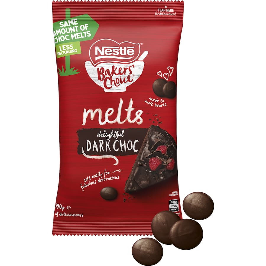 Nestle Bakers Choice Choc Melts Delightful Dark - dark chocolate buttons perfect for melting, decorating, and baking with ease.