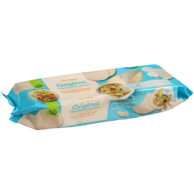 Crispy Woolworths Rice Crackers Plain Thin, perfect for snacking, dipping, and enhancing cheese platters, guilt-free and oven-baked.