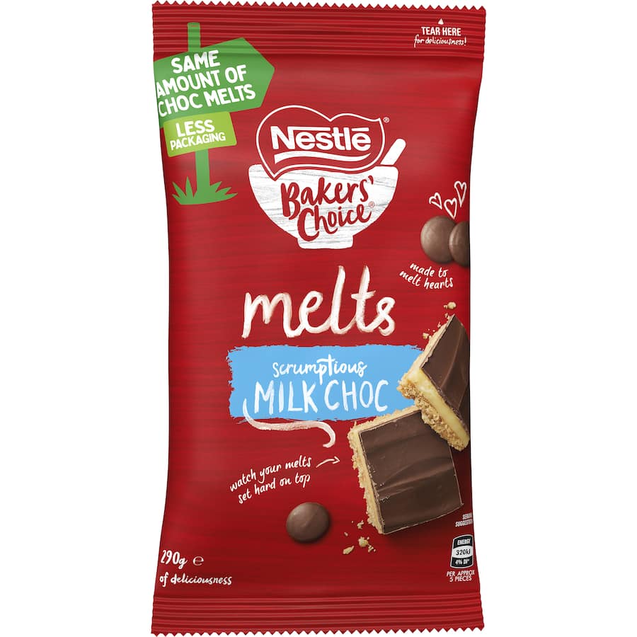 Nestle Baker's Choice Choc Melts in milk chocolate, perfect for easy melting, coating, and decorating desserts without tempering.