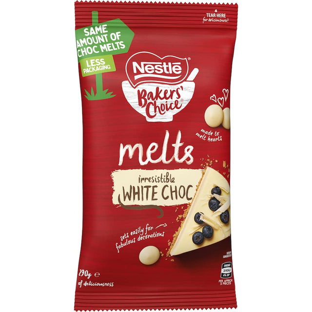 Nestle Melts Choc Melts Irresistible White, easy-melting white chocolate buttons for baking and decorating gourmet desserts.