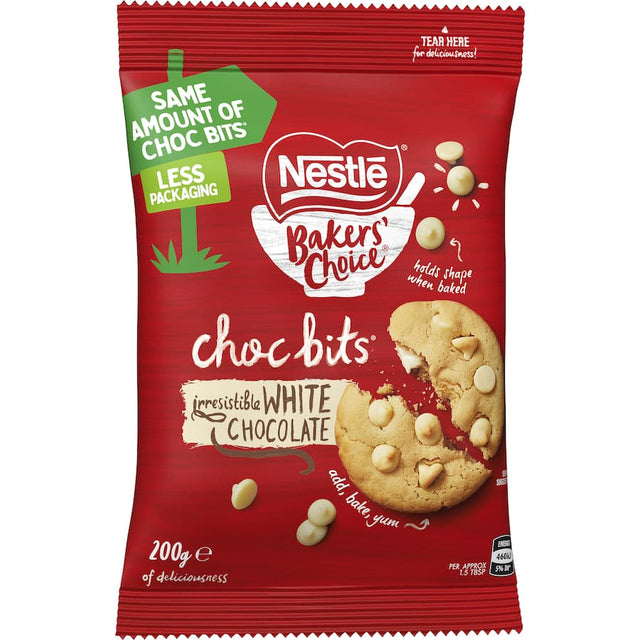 Nestle Bakers Choice Choc Bits: delightful white chocolate chips ideal for baking cookies, brownies, and decorating desserts.