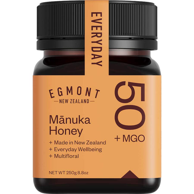 Egmont Manuka Honey Multiflora MGO 50 Plus in jar, showcasing natural wellness benefits and unique flavor from New Zealand flora.