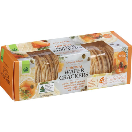 Crispy Woolworths Original Wafer Crackers ideal for pairing with cheese or dips, made with high-quality ingredients.