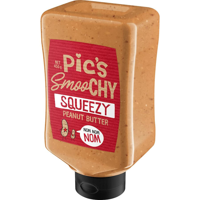 Pics Peanut Butter Smoochy Squeezy in a bottle, blending smooth and crunchy textures for easy spreading and delicious snacking.