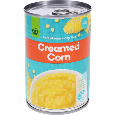 Woolworths Corn Creamed 400g Can, a versatile, natural sweetcorn staple for nutritious meals and quick recipes.