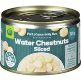 Canned sliced water chestnuts by Woolworths, perfect for enhancing stir-fries and salads with a crunchy texture.