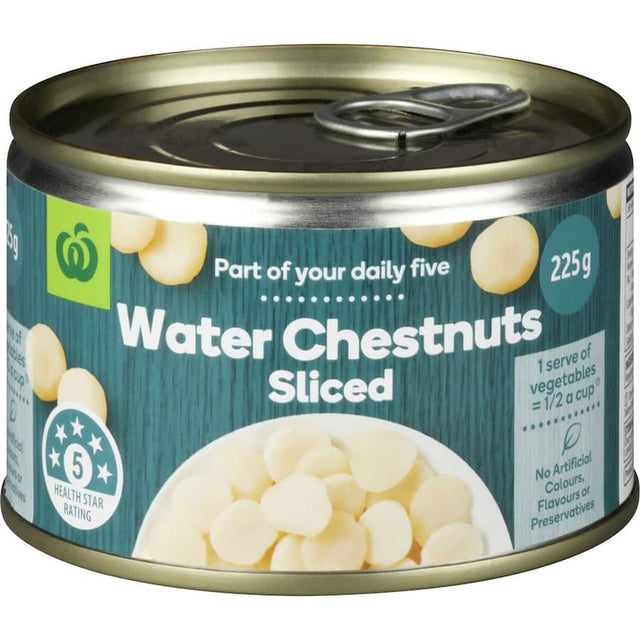 Canned sliced water chestnuts by Woolworths, perfect for enhancing stir-fries and salads with a crunchy texture.