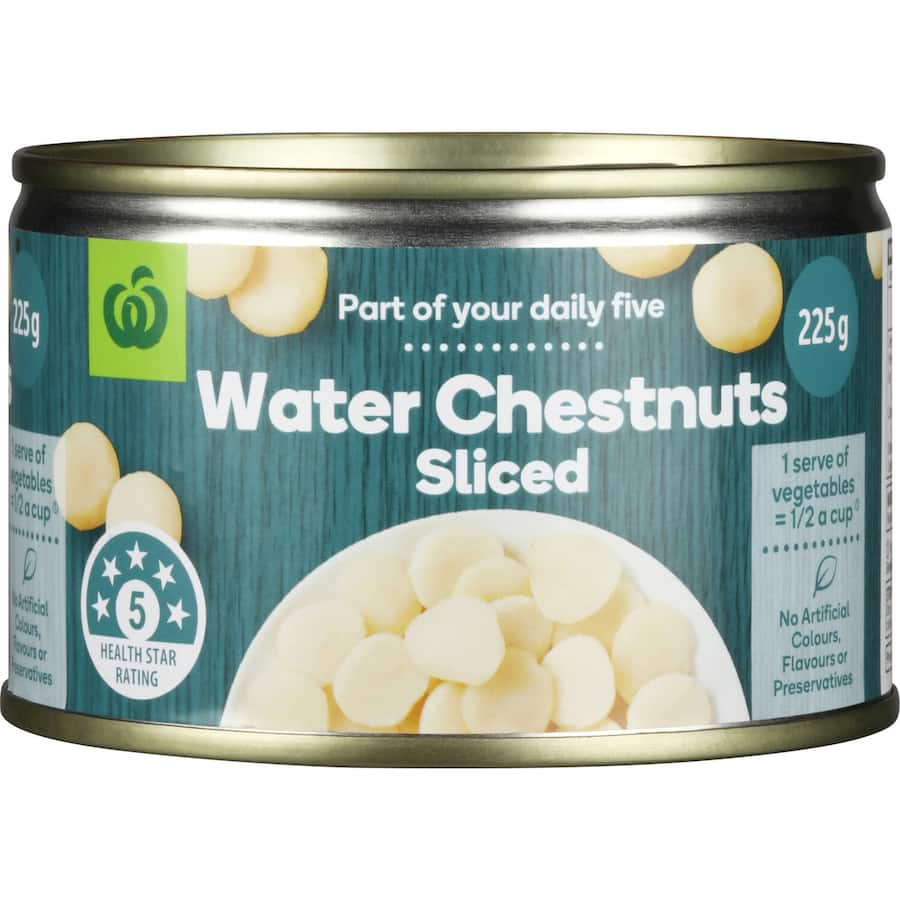 Canned sliced water chestnuts, crunchy and nutritious, perfect for stir-fries and salads, enhancing meals effortlessly.