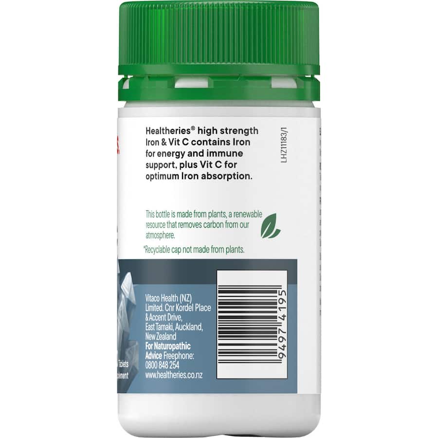 Capsules of Healtheries Iron & Vitamin C, a supplement for boosting iron levels and immune support, promoting energy and vitality.
