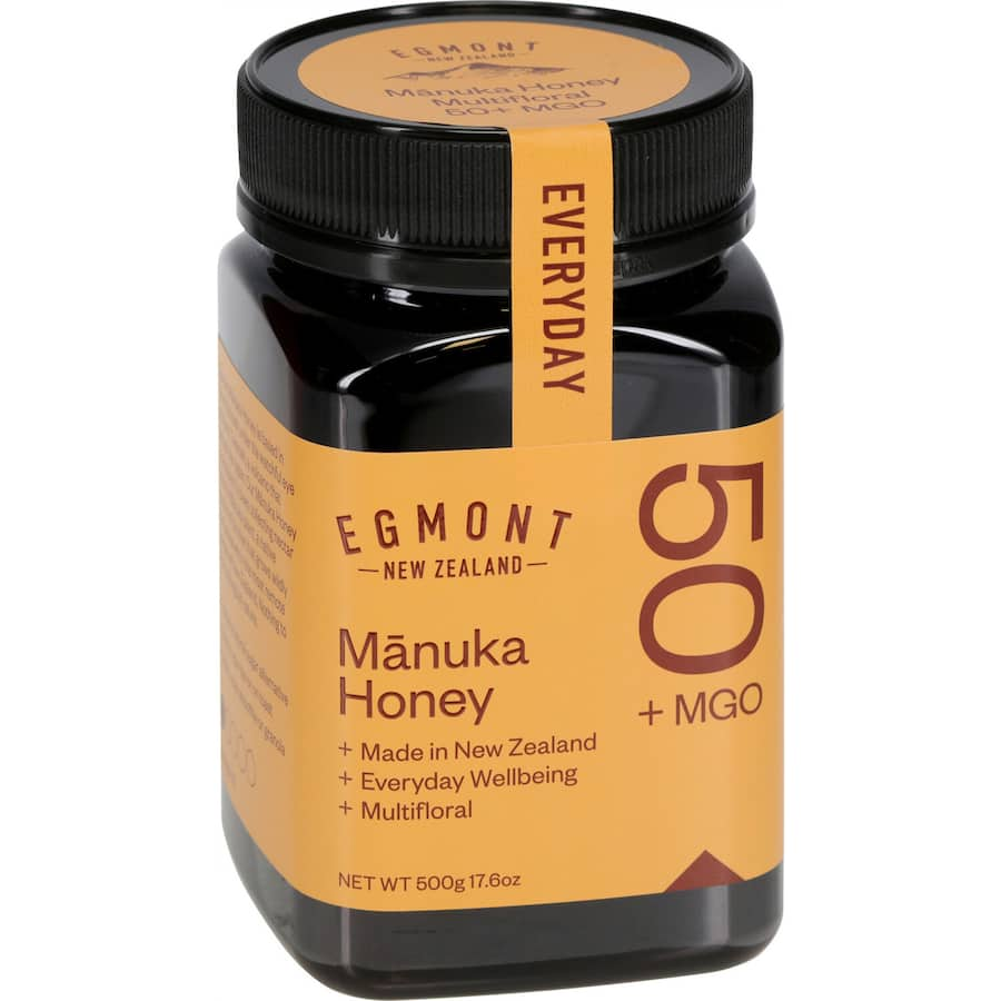 Egmont Manuka Honey Mgo 50 Plus in a jar, showcasing its rich, golden color and natural floral origins from New Zealand.