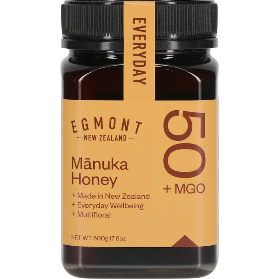 Egmont Manuka Honey multifloral blend MGO 50+ from New Zealand, rich in antioxidants and antibacterial properties.