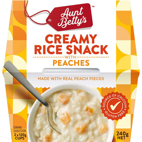 Aunt Betty's Creamed Rice Rich Peach 240g, a creamy gluten-free snack with real peach pieces and no artificial flavors.