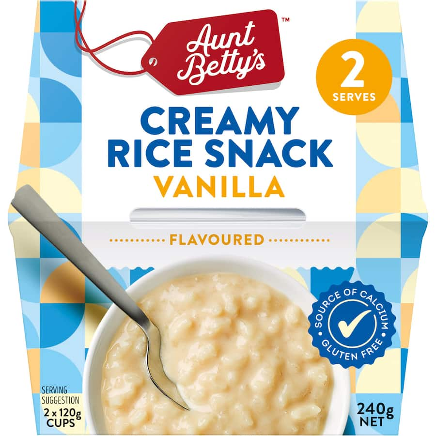 Aunt Betty's Creamed Rice Vanilla 240g pack featuring creamy rice dessert with rich vanilla flavor, gluten-free and wholesome.