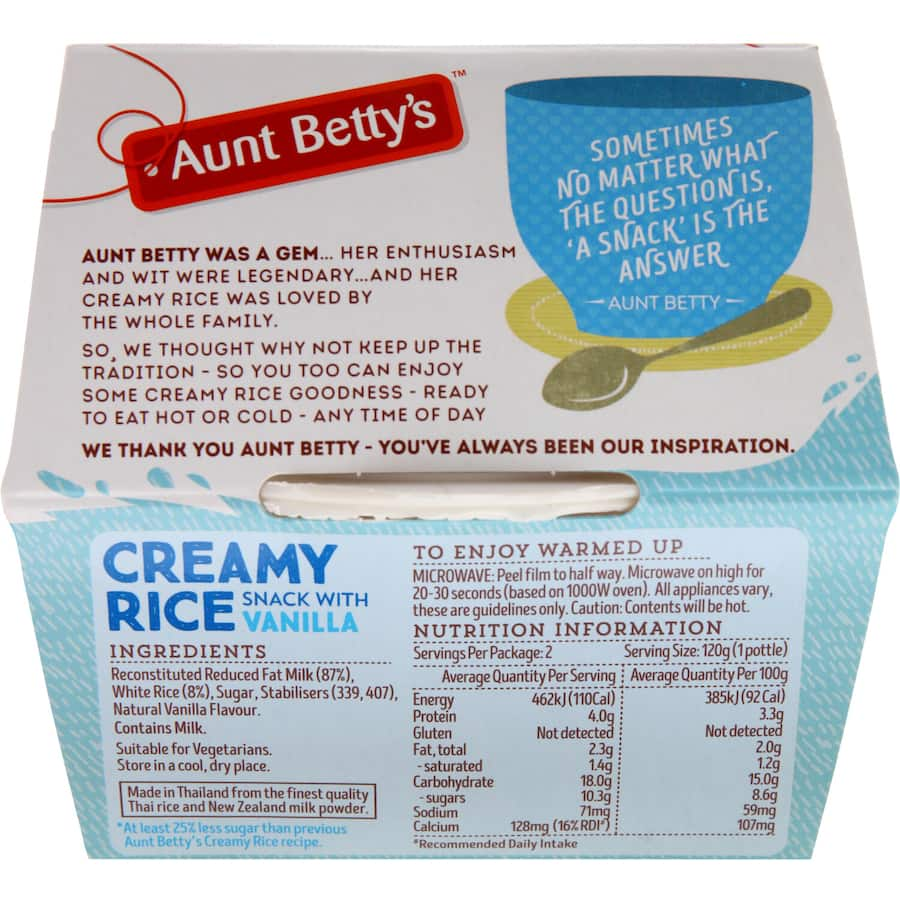 Aunt Betty's Creamed Rice Vanilla 240g pack features creamy rice with vanilla, gluten-free, and no artificial additives.