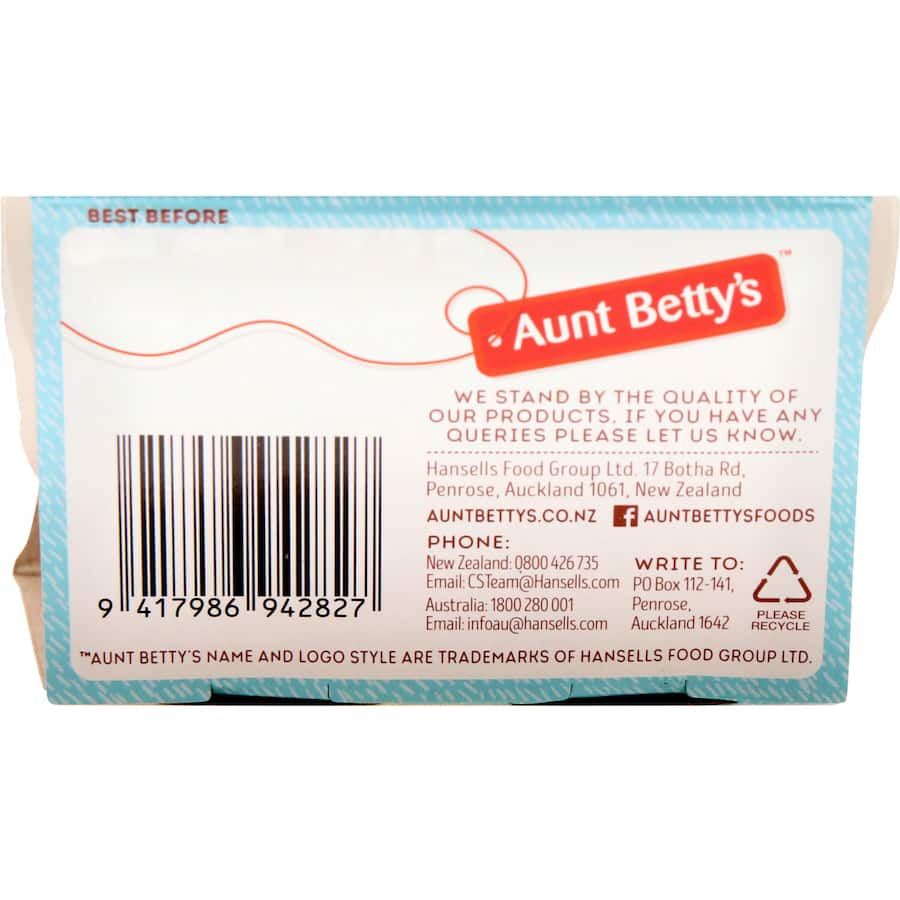 Aunt Betty's Creamed Rice Vanilla 240g pack, a creamy gluten-free dessert with rich vanilla flavor and no artificial ingredients.