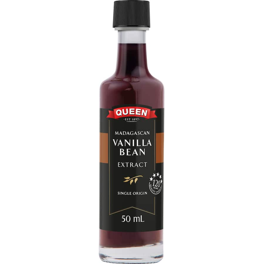 Bottle of Queen Madagascan Vanilla Bean Extract showcasing rich, smooth vanilla flavor ideal for desserts and gourmet recipes.