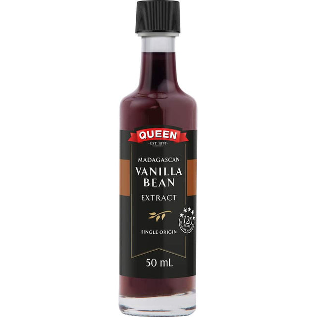 Bottle of Queen Madagascan Vanilla Bean Extract showcasing rich, smooth vanilla flavor ideal for desserts and gourmet recipes.