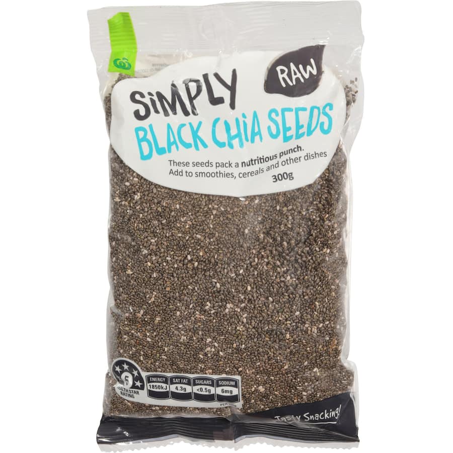 Woolworths Chia Seeds Black, nutrient-rich superfood for smoothies, baking, and healthy recipes, promoting digestion and hydration.